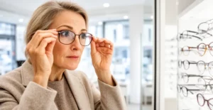 Cliente essayant des montures de lunettes face au miroir chez un opticien