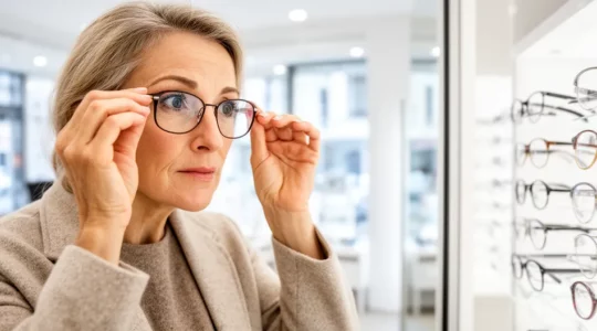 Cliente essayant des montures de lunettes face au miroir chez un opticien