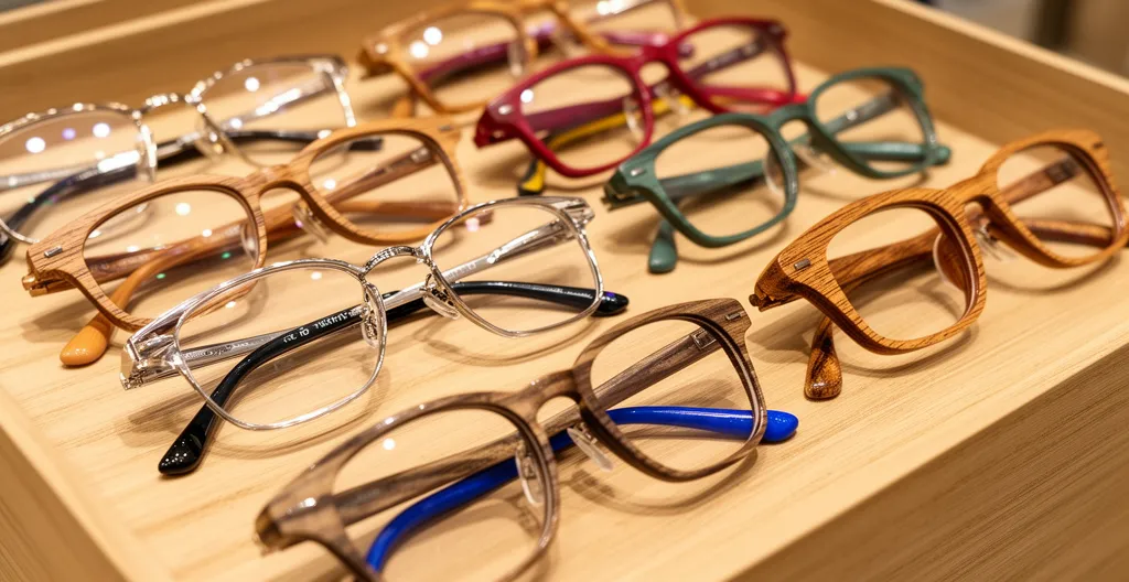 Collection de montures en matériaux variés exposées sur présentoir bois