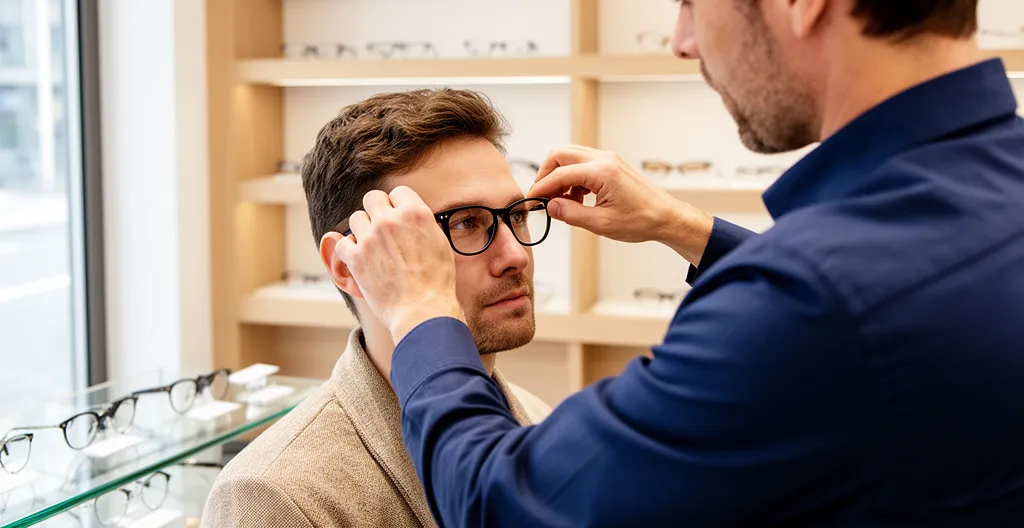 Opticien ajustant les branches d'une monture sur le visage d'un client