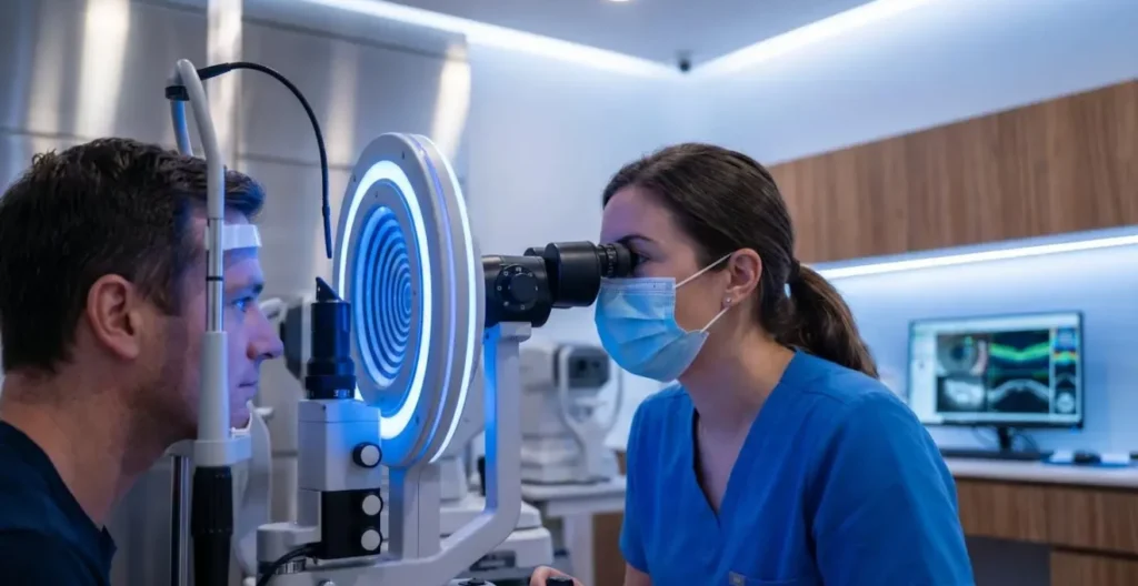 Opticien spécialisé utilisant un topographe cornéen pour mesurer la surface d'un œil, patient assis face à l'appareil, lumière bleue caractéristique
