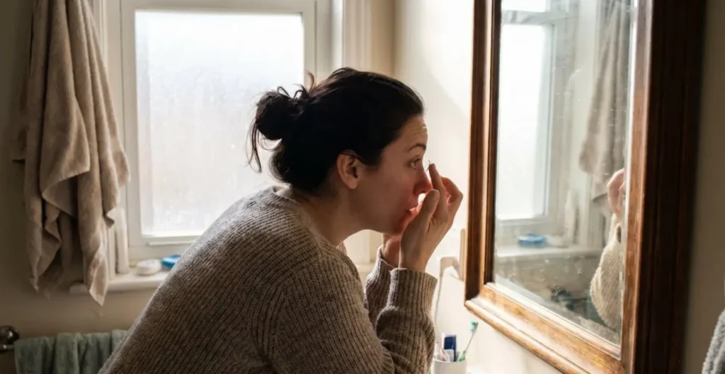 Femme d'une trentaine d'années posant une lentille sclérale devant un miroir de salle de bain, regard concentré, lumière naturelle de la pièce